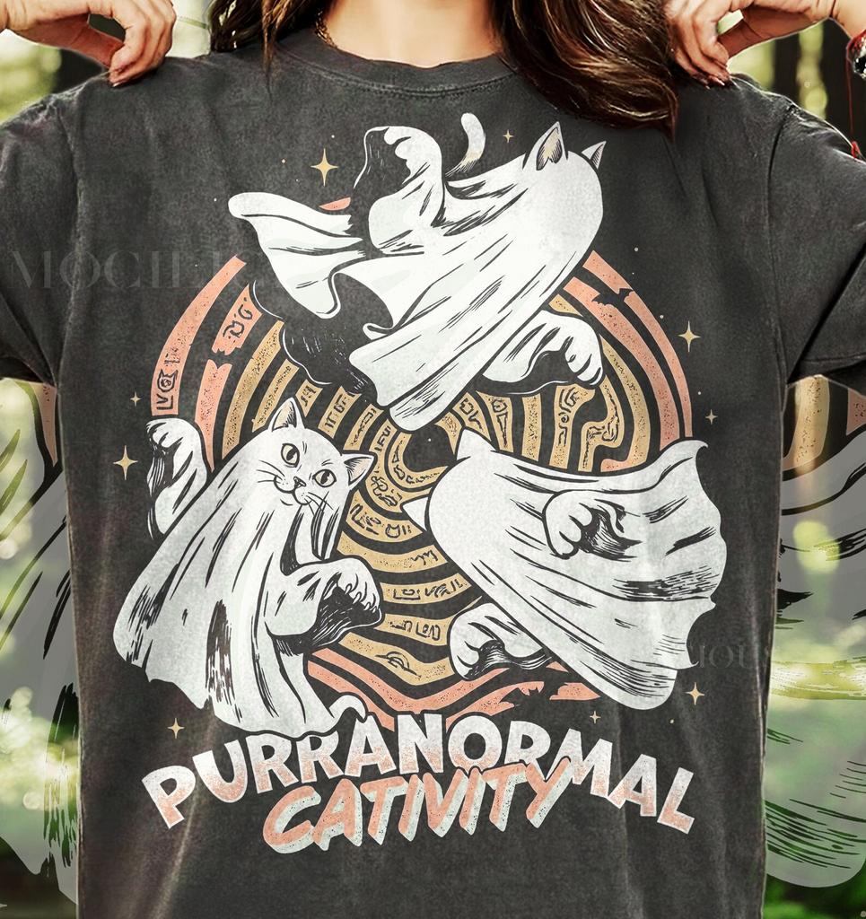 Purranormal Cativity Funny Ghost Cat Halloween Comfort Colors® Tshirt, Retro Spooky Feline Y2K Graphic Tee, Vintage Animal Lover Gift