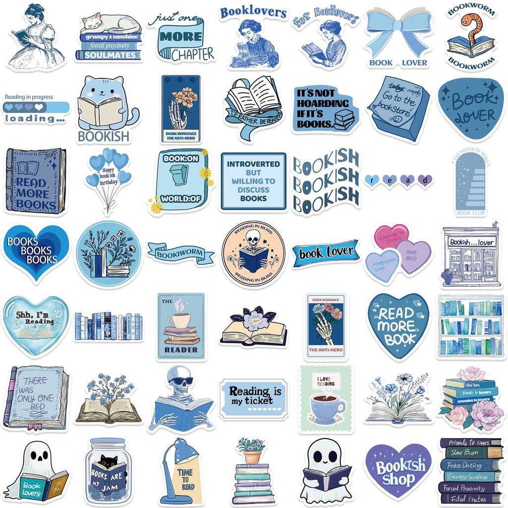 50 Cartoon Blue Bookish Doodle Stickers Decorate Guitar Notebook Suitcase DIY Waterproof