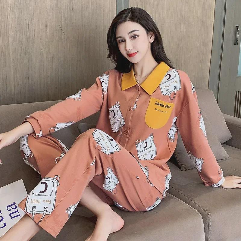 Пижама женская из чистого хлопка: Кардиган с длинными рукавами и кружевом, весна/осень, большие размеры, стиль 2025 года, подходит для ношения в помещении и на улице