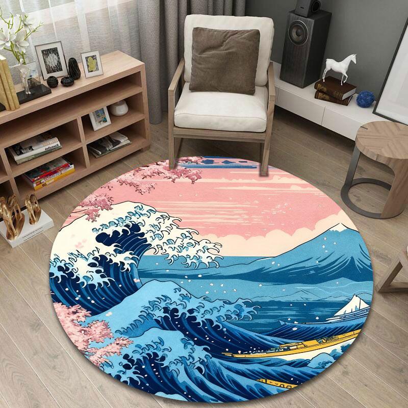 Serene Round Ocean Multicolor Area Rug, Non-Slip Floor Mat for Kitchen