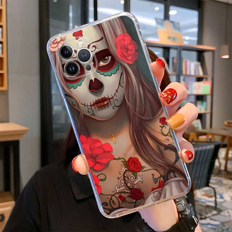 Catrina Beautiful Rose Girl Skull Phone Case For iPhone 14 13 12 11 Pro Max XS X XR SE 2020 6 7 8 Plus Mini Transparent Shell