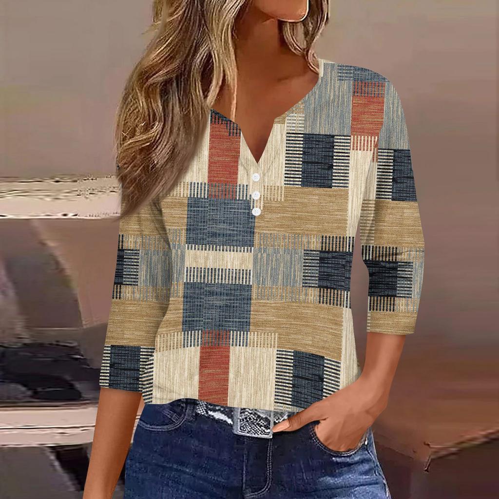 Жен. Футболка Футболка С принтом Пуговицы Рукав 3/4 Повседневные Выходные Мода Классический Классический V-образный вырез Обычный Верх