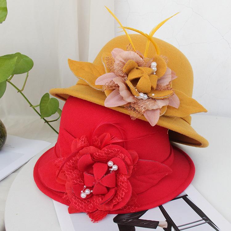 Bucket Hat Female British Retro Feather Flower Woolen Top Hat Elegant Felt Hat Pot Hat