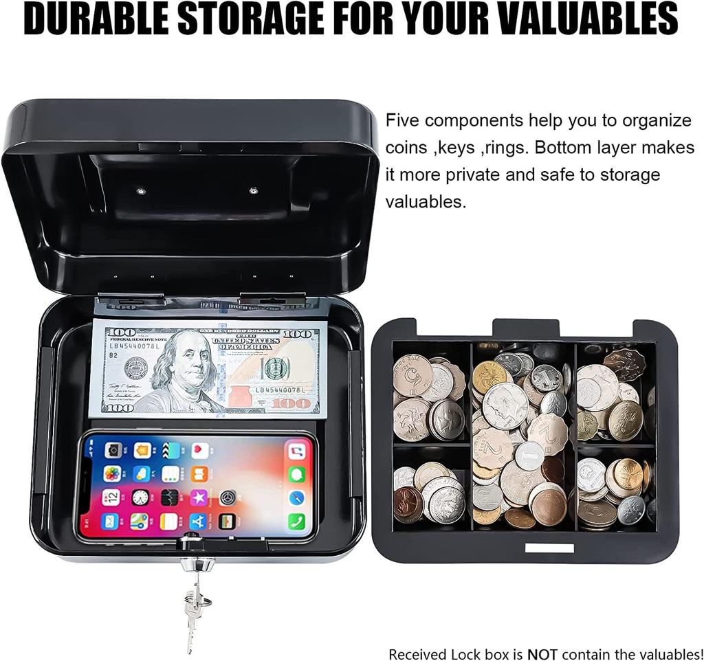 Indian Factory Metal Cash Box with Key Lock, Money and Coin Organizer for Shop, Office and Home, Black, 24.6D x 19.6W x 8.8H Centimeters