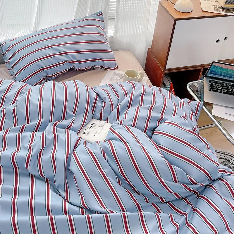 Nordic Ins Style Striped Bedding Sets Soft Skin-Friendly Sanding Comforter Sets for Home Four Seasons Cozy Bedclothes for Double