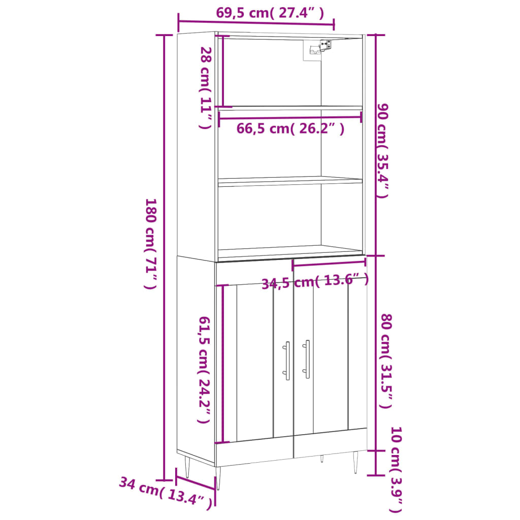 Highboard Gray Sonoma 69.5 x 34 x 180 cm Particleboard