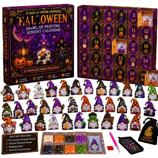 Complete Faux Diamond Art Set Halloween Gnome Advent Calendar, Christmas DIY Ghost Pumpkin Skeleton Crafts Craft Kit, Handmade Hanging Ornaments