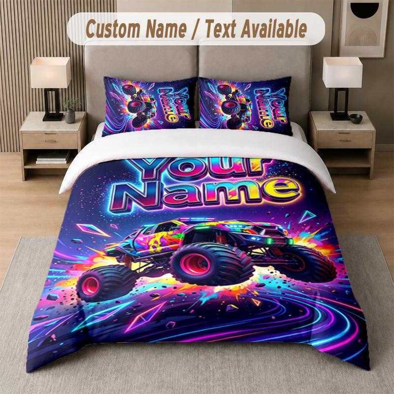 Truck Theme Custom Text Or Name 3Pcs Bedding Set 1 Flat Sheet & 2 Pillowcases Personalized Home Bedding
