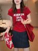 Red Round Neck Shoulder Short Sleeve T-shirt Women 2025 Summer New Korean Style Slim Fit Letters Print Western Style Base Top
