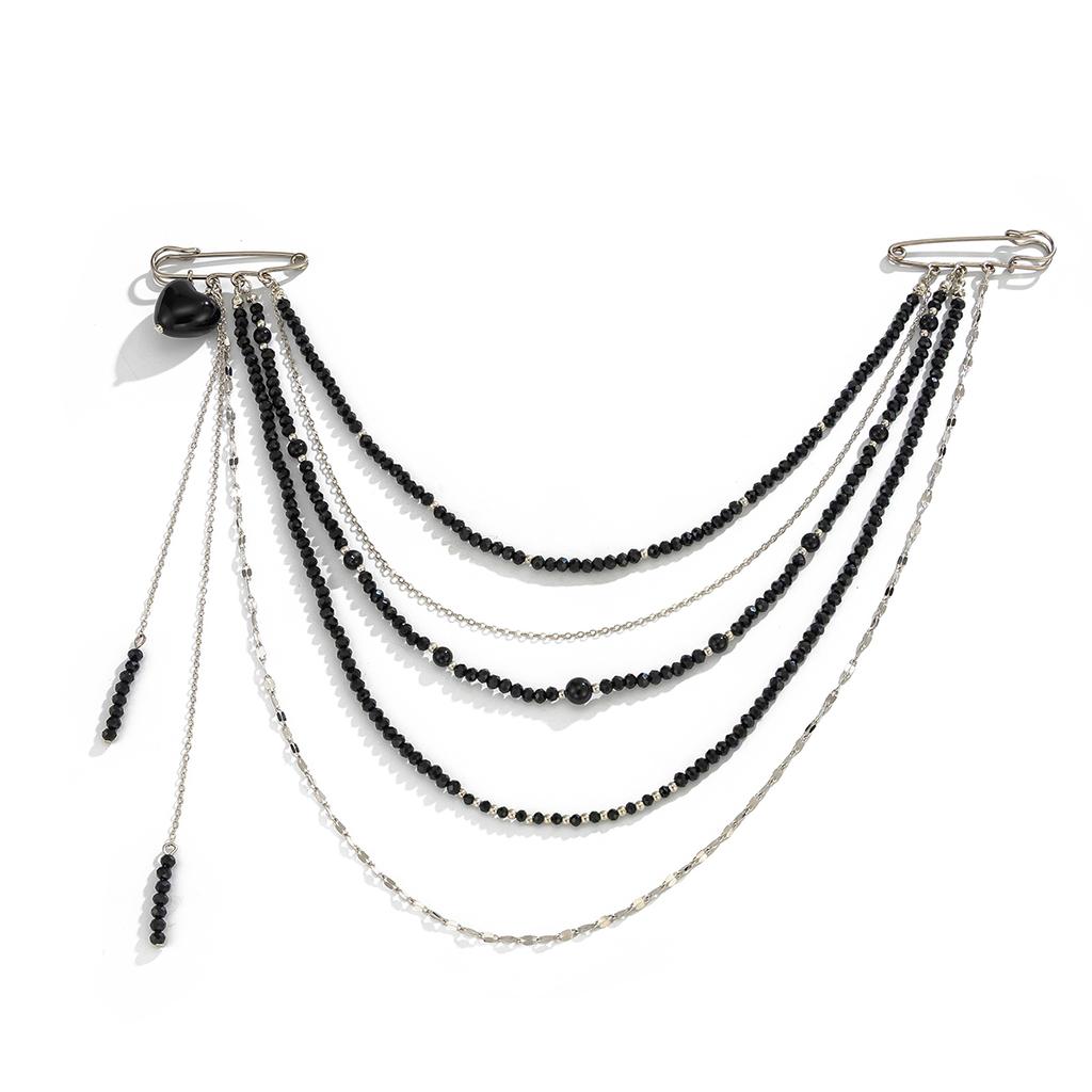 Ingemark Unique Black Crystal Beads Long Brooches Women Trendy Multi-layer Copper Chain Shirt Collar Suit Clip Pin Accessories