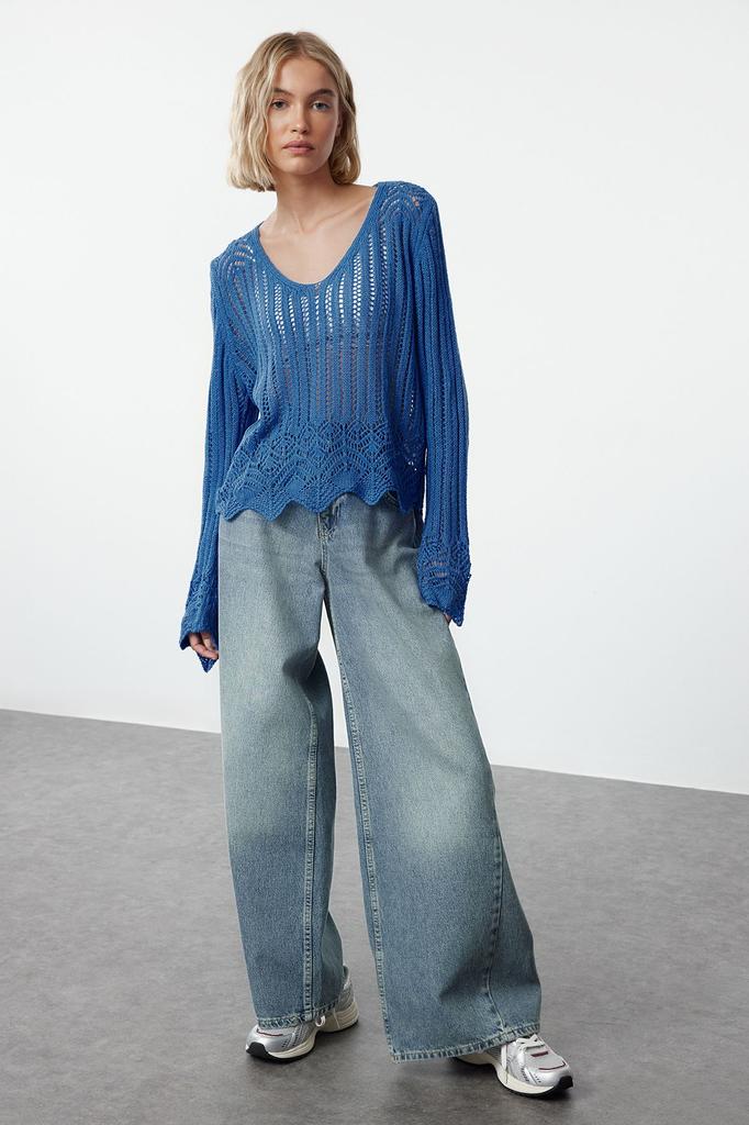 Женский свитер в элегантном стиле, черный вязаный свитер с ажурными отверстиями