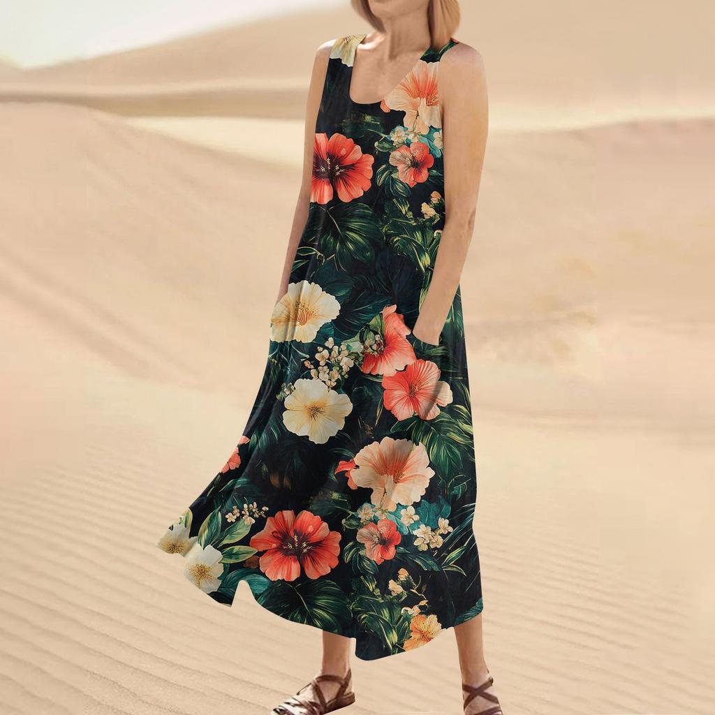 Женское летнее повседневное модное платье без рукавов с круглым вырезом и карманом с цветочным принтом