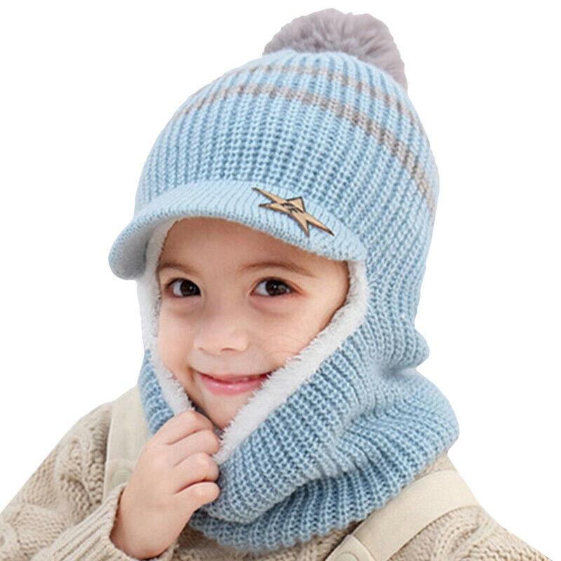 Toddler Kid Winter Hat+Scarf Set Boys Girls Warm Knitted Fleece Beanie Cap Scarf