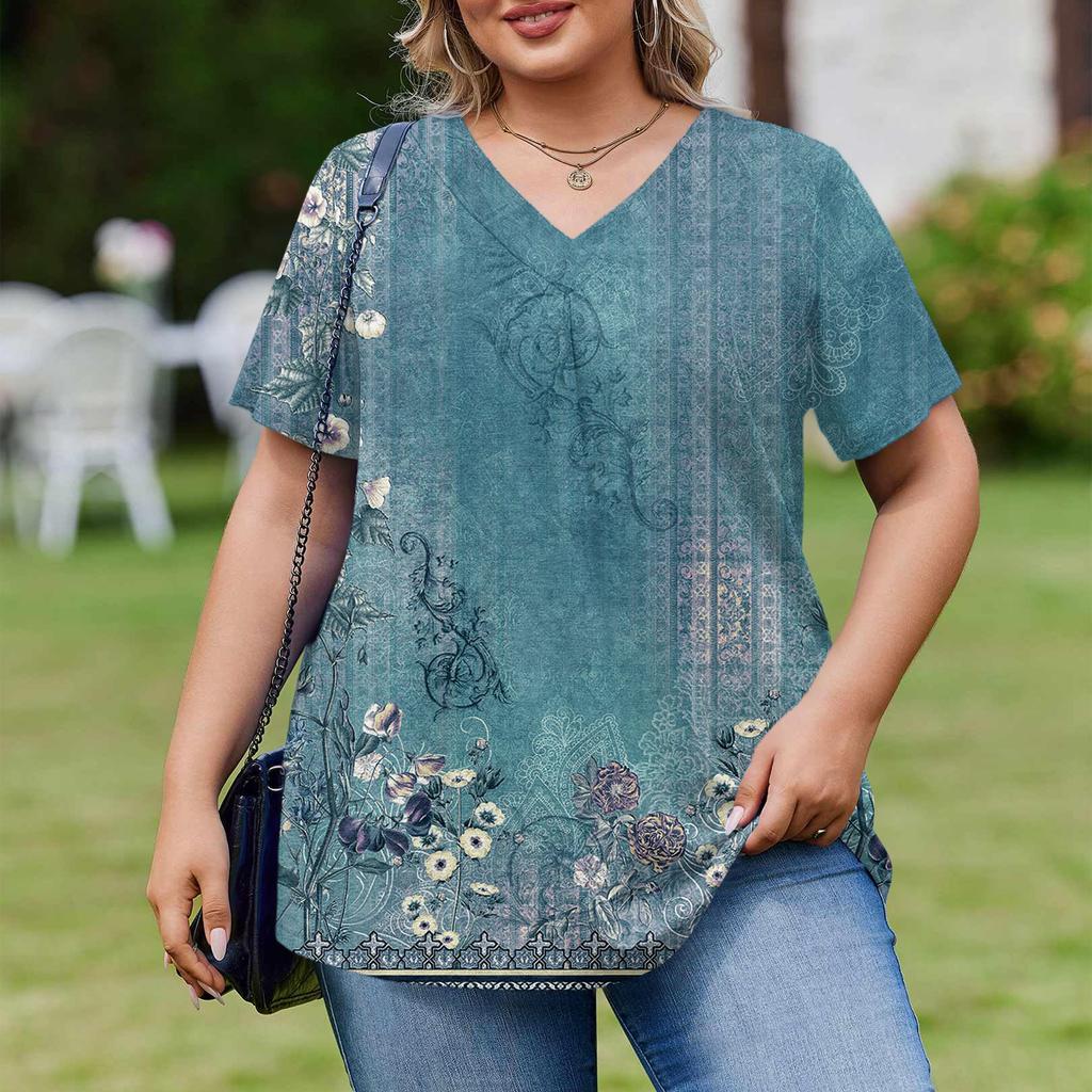 Женская модная повседневная свободная блузка большого размера с коротким рукавом, элегантная с V-образным вырезом, для работы