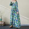 Spring Floral Print Round Neck Retro Loose Long Dress Green Blue Long Sleeve Cotton Linen Dress Women's Clothing