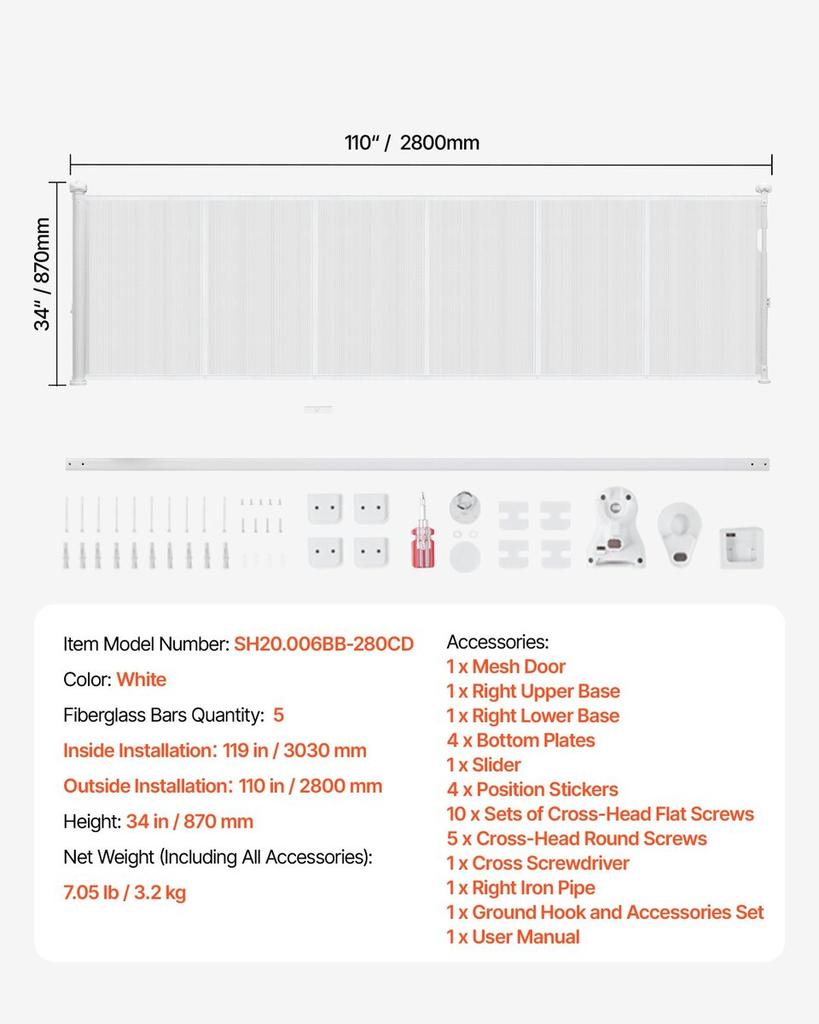 Retractable Baby Gate, 870 mm Tall, Extends up to 2800 mm Wide, Retractable Gate for Kids or Pets, Mesh Material, Easy to Install for Indoor Stairs,
