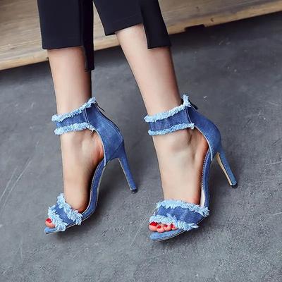 2024 лето новые европейские и американские модные джинсовые босоножки-римлянки с открытым носком женский каблук женские сандалии универсальные