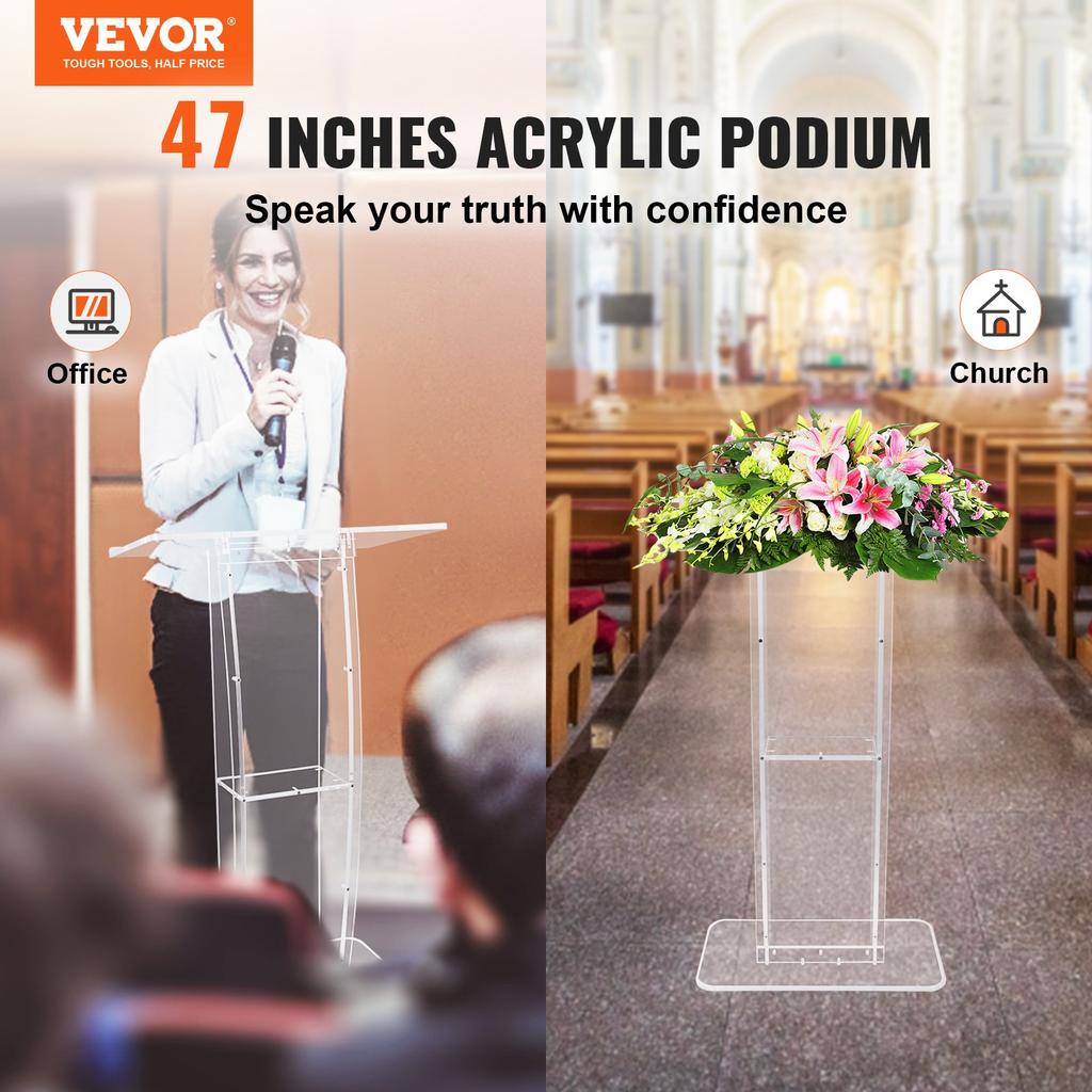 VEVOR Acrylic Podium, 119 cm Tall, Clear Acrylic Podium Stand with Wide Reading Surface & Storage Shelf