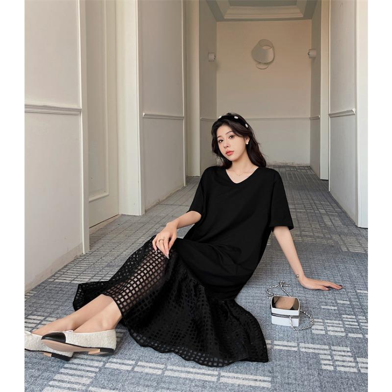 Dimanaf Women 2025 Summer Plus Size Casual Short Sleeve Oversize Plaid Hollow Long Shirt Dress Loose Dress New