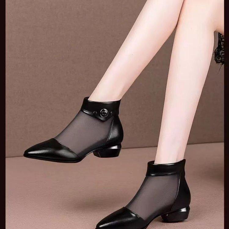 2025 New Spring and Summer New Cool Boots Women's Mesh Women's Sandals Hollow Sandals Thick Heel Pointed Low Heel Net Boots