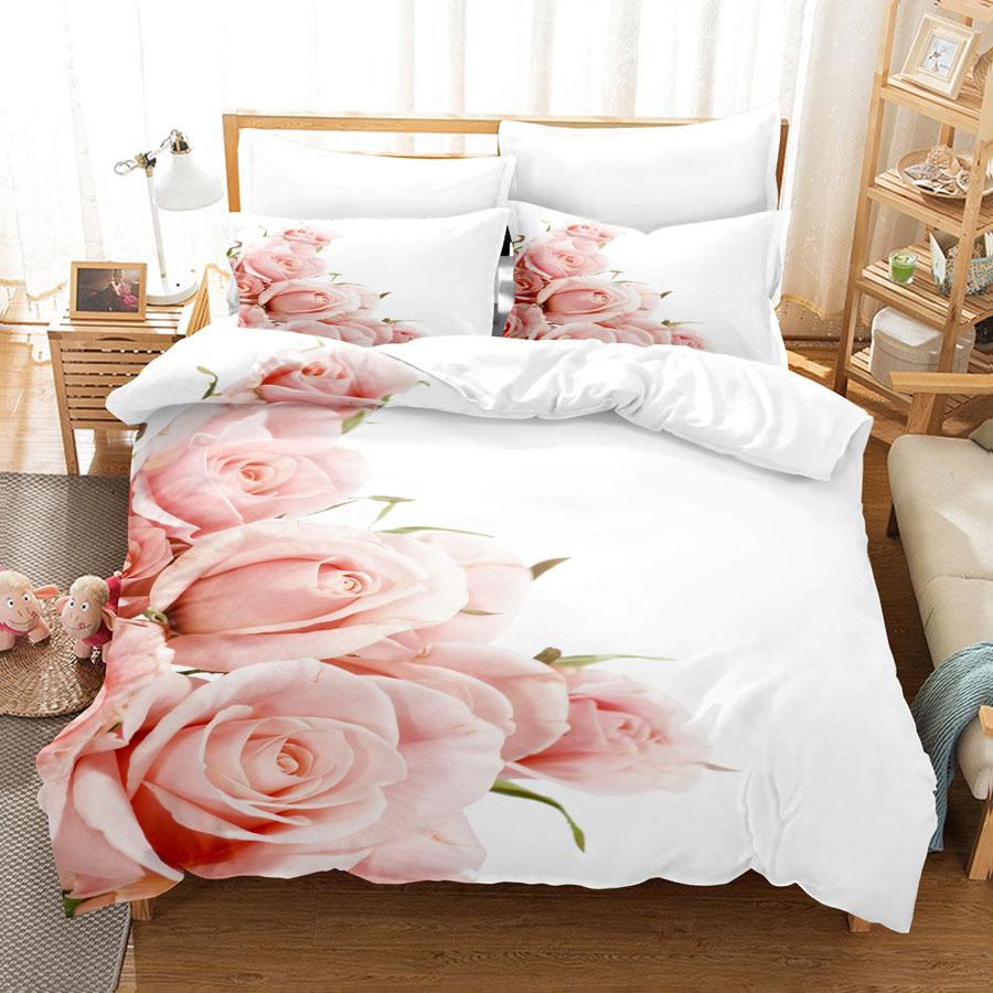 Pink Flower Duvet Cover and Pillowcases Set King Size 220x240 Double Bed Single 3D Queen Bedding Sets Pink Full Twin Quilt Linen