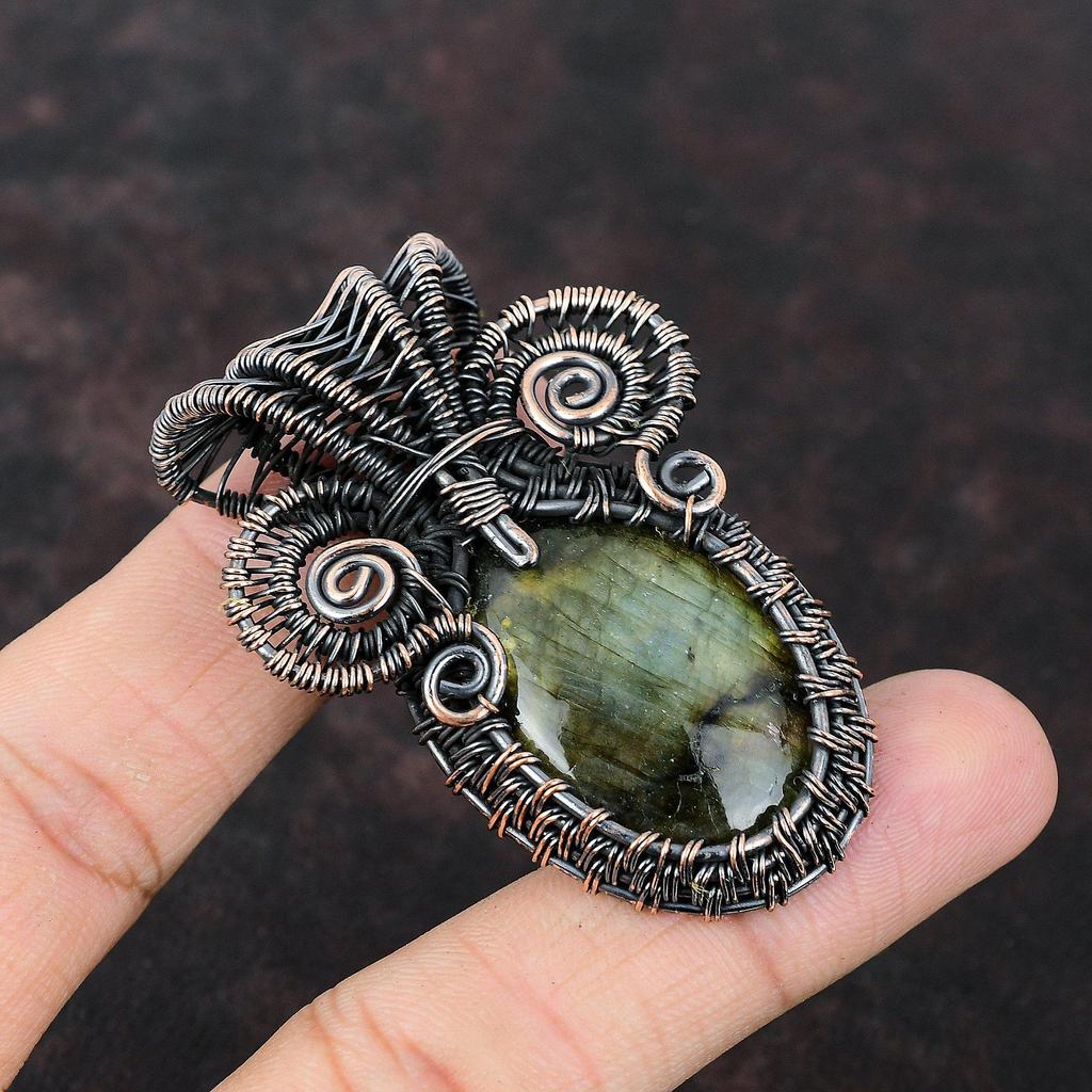 Медный кулон с лабрадоритом, обернутый проволокой, ювелирные изделия из драгоценных камней, стильный кулон, медные украшения ручной работы, лечебный камень, ювелирные изделия из лабрадорита для нее
