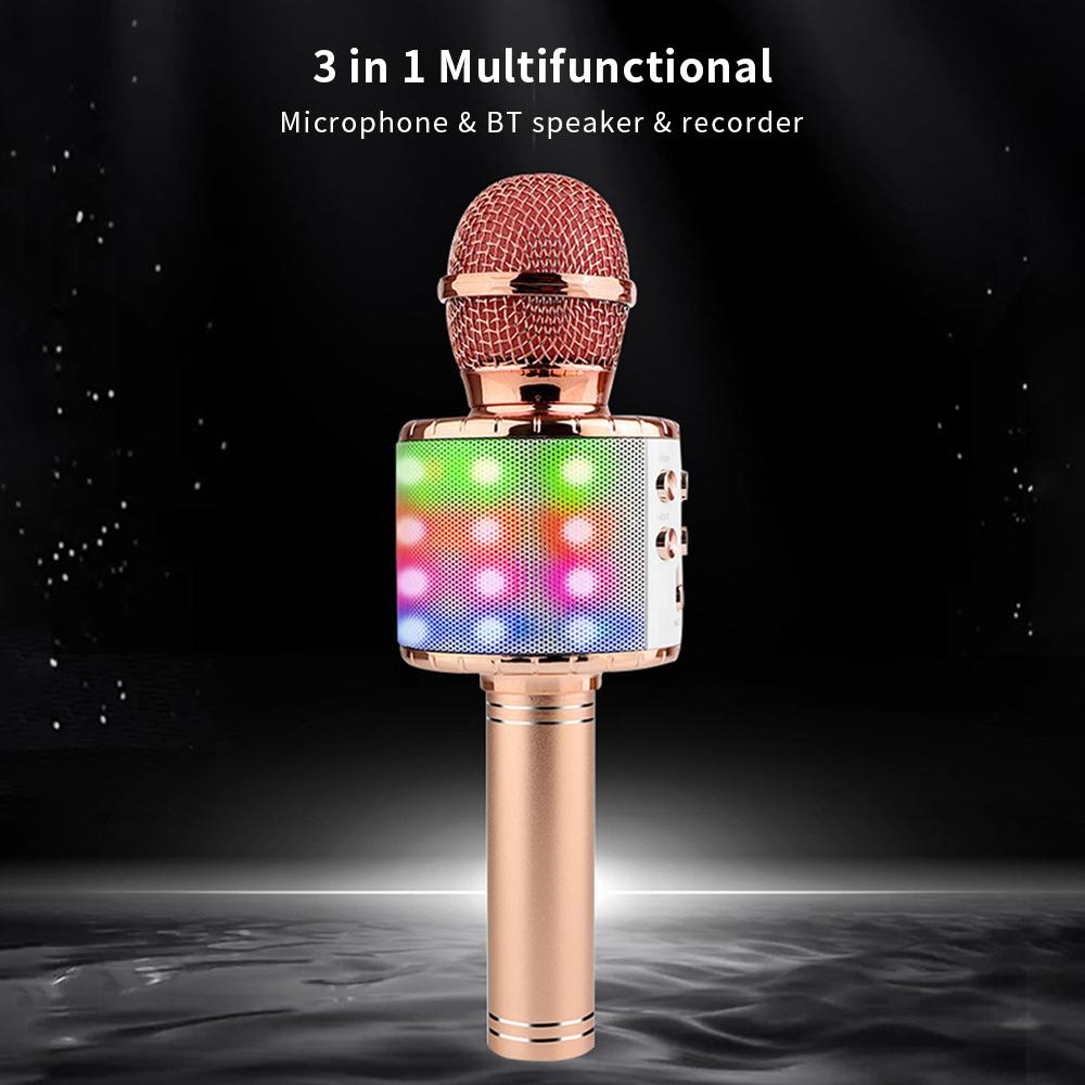 Portable Wirelessly BT Microphone with controllable LEDs Lights 3 in 1 Multifunctional Handheld KTV Mic Speaker Machine Gifts for Kids Singing Toy