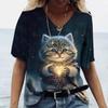 Fashionable Women's T-Shirts Cute Kitten 3D Print Girl Summer Harajuku Loose Casual Clothing Kawaii V-Neck Short Sleeve T-Shirts