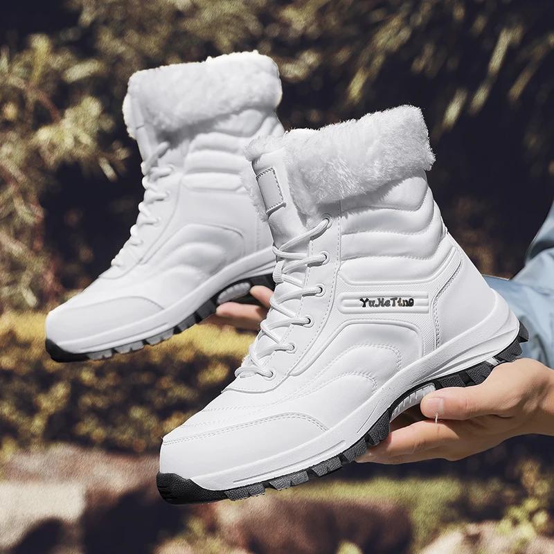 2025 Winter New Chunky Men Waterproof Cloth Outdoor Hiking Sneakers Soft Comfortable Warm Plush Ankle Snow Boots Big Size 39-47