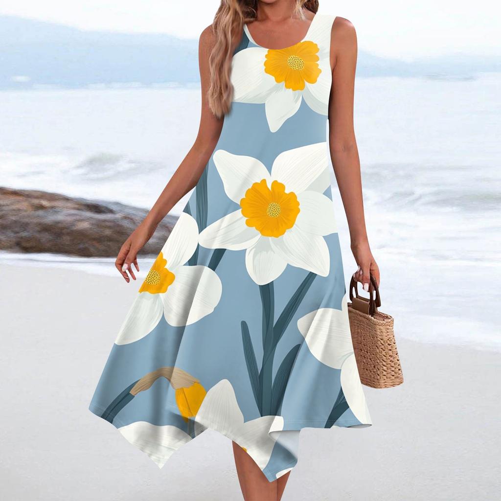 Женское повседневное модное платье средней длины с круглым вырезом без рукавов с винтажным цветочным принтом и неровным подолом