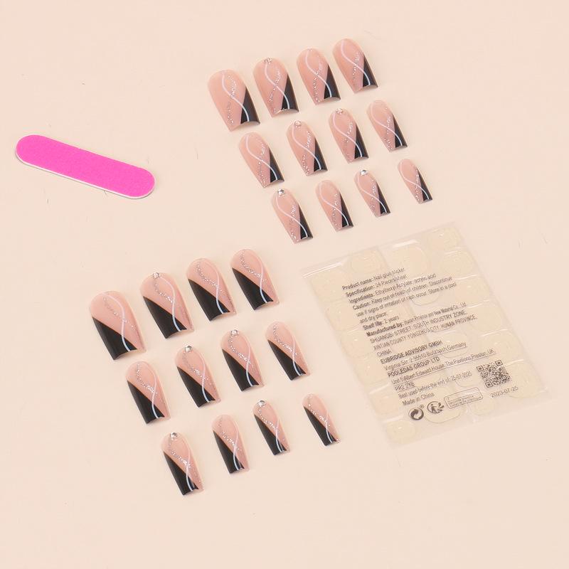 Европейские и американские острые женские средние-длинные черные полосы по краю, съемные накладные ногти с флэш-бриллиантами