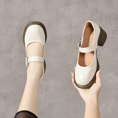 Туфли Мэри Джейн с круглым носком, застежка-липучка, женские туфли, лакированная коровья кожа, квадратная пряжка, стиль колледжа, черные, толстый каблук, маленькие кожаные туфли