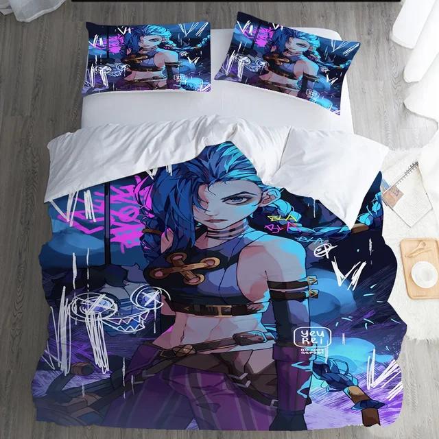 Комплект постельного белья Jinx Arcane с 3D-печатью, наволочка, пододеяльник, двуспальная кровать, двуспальная кровать, двуспальная кровать, двуспальная кровать, постельное белье для взрослых и детей, пододеяльник
