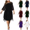 Fashion Women Mesh Chiffon Hollow Out Double Plus Size Dress Paneled 3/4 Sleeve Ragged Hem Chiffon Dress