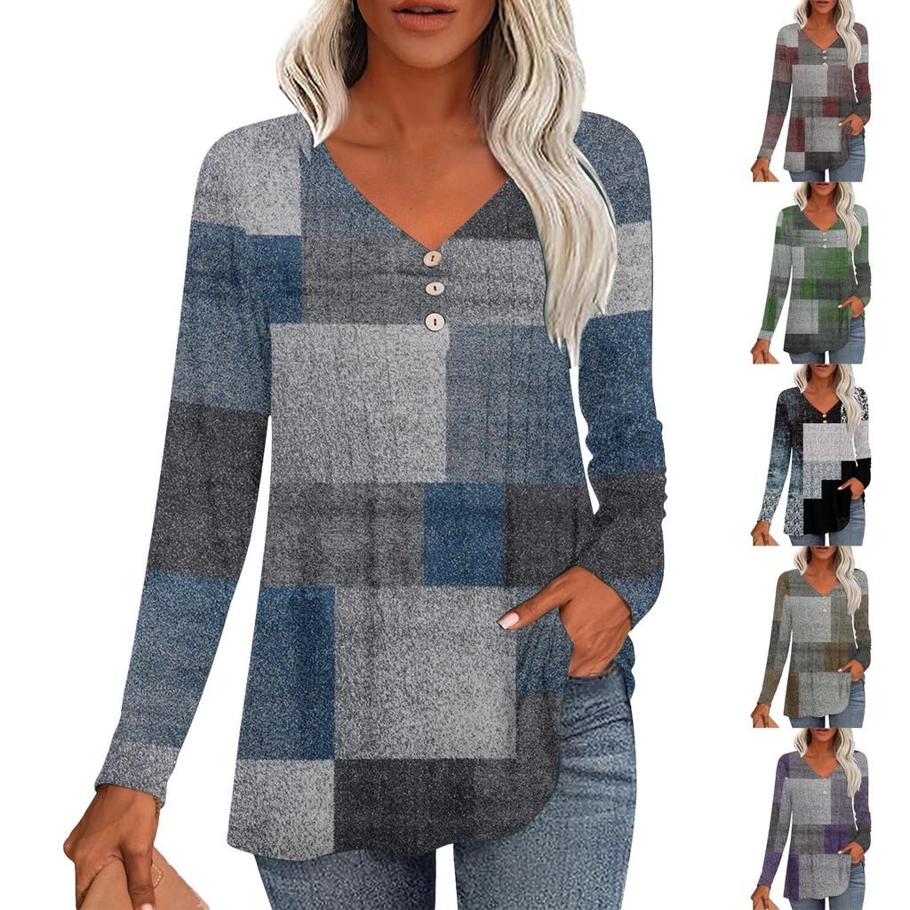 Fashion Tops Casual Pleated V-Neck Carpet Checkered Print Long Sleeve T-Shirt
