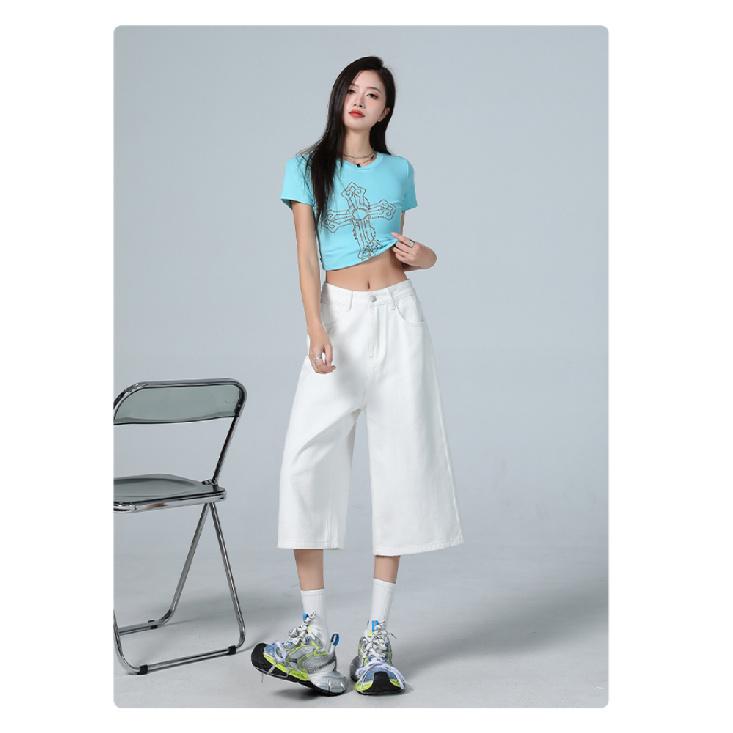 Американская высокая улица Семифутовые женские джинсы Весна Осень Свободные Широкие штанины Драпирующиеся Прямого кроя Брюки Модный дизайн