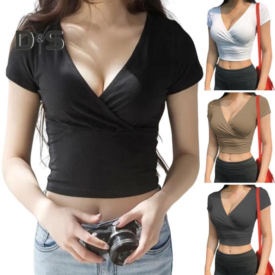 Женская футболка с глубоким V-образным вырезом и коротким рукавом, футболка с открытым пупком, облегающие однотонные топы, легкие эластичные укороченные топы