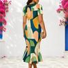 Women Plus Size V Neck Short Sleeve Green Khaki Geometric Printed Fitted Fishtail Dress