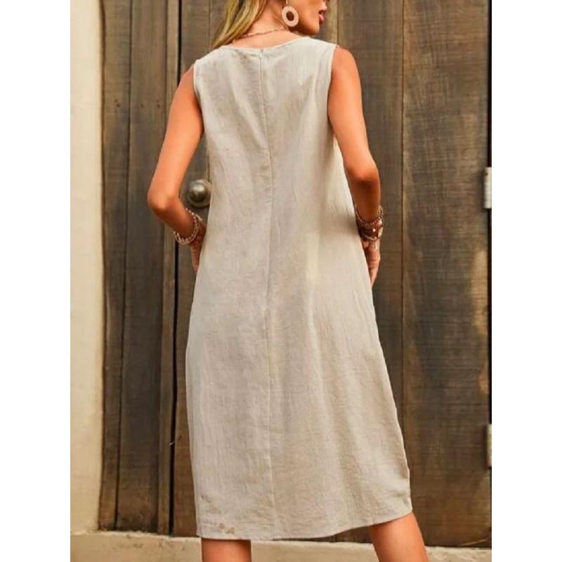 VEZFAA Женские модные летние весенние однотонные повседневные платья без рукавов с U-образным вырезом и свободной талией