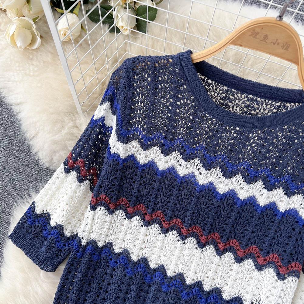 Женский осенний костюм-двойка Топ с коротким рукавом, вязаный свитер, Юбка-карандаш с завышенной талией, облегающая бедра