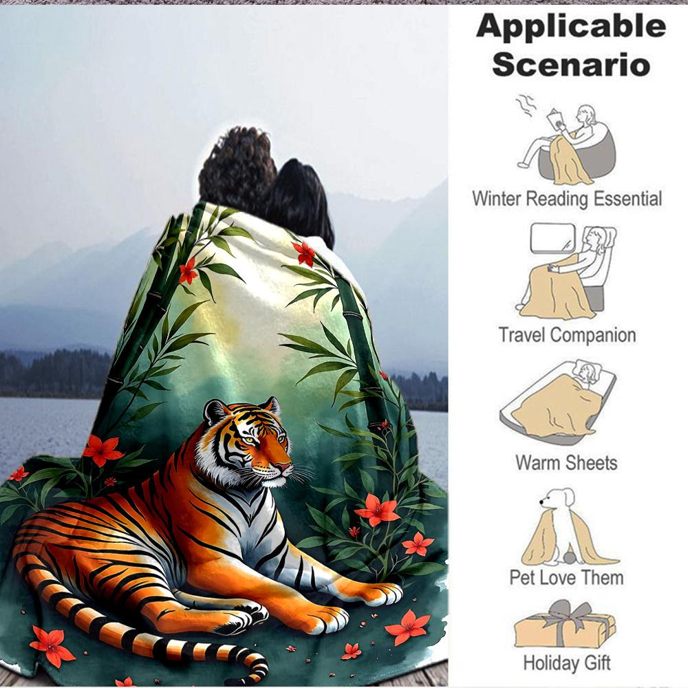 1pc Bamboo Forest Tiger Blanket - Lightweight Flannel Fleece with Digital Printing, Soft Warm for Sofa, Travel, Camping, Office yy251018316