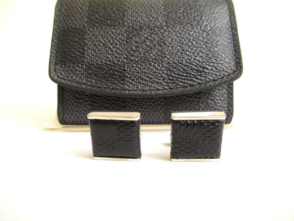 Authentic LOUIS VUITTON Damier Graphite Steel Black Leather Cufflinks Cuffs #9686 Seller refurbished