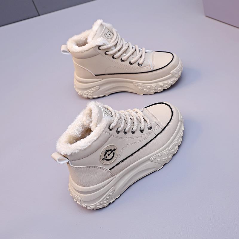 Women's Winter Style Flat Boots Fleece Lined Thickened Warm Cotton Shoes High Top Little White Shoes