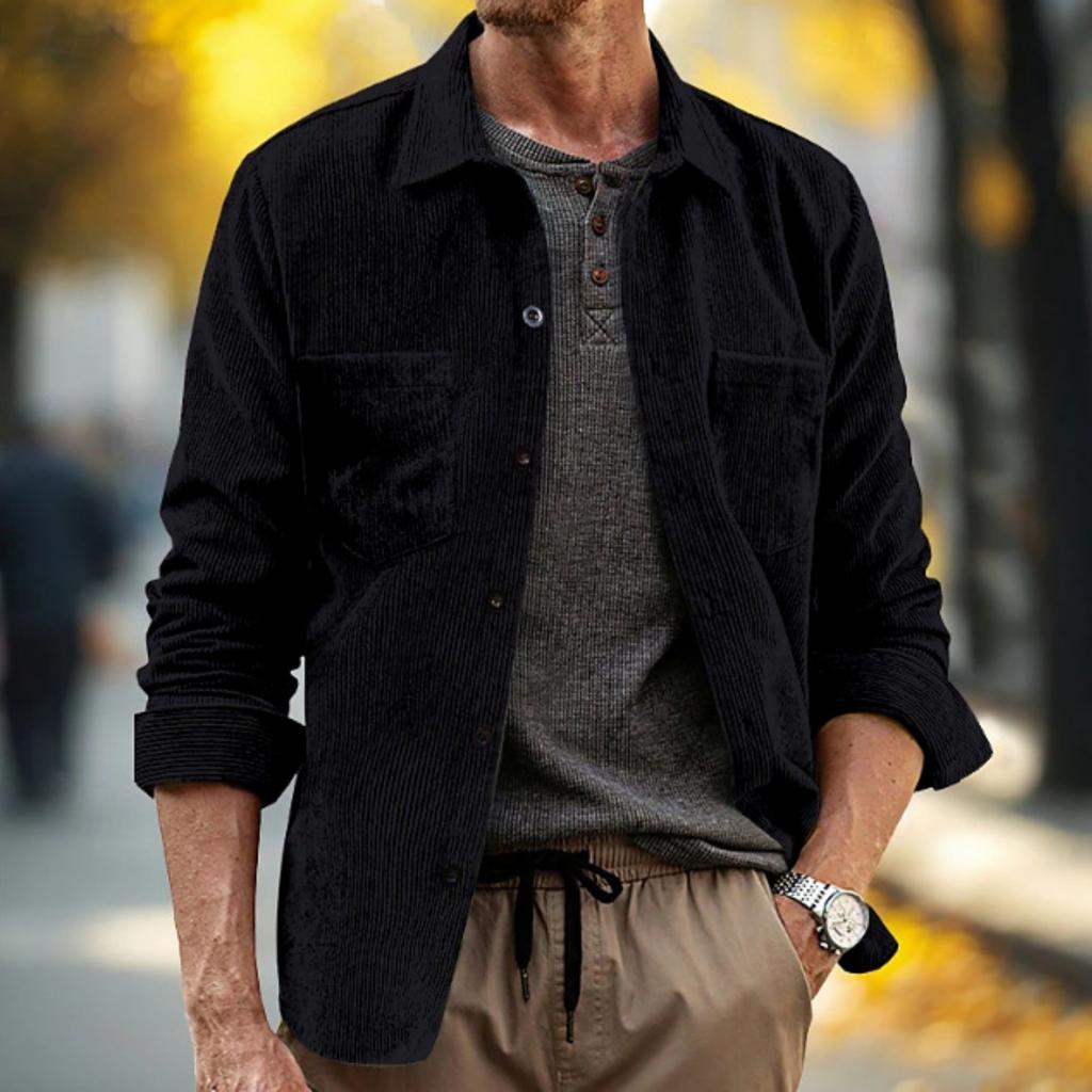 Men's Casual -color Corduroy Button Shirt, Men's Lapel Long-sleeved Trendy Loose Shirt