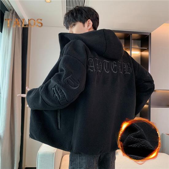 Мужская куртка, пальто с капюшоном, длинный рукав, вышитый буквенный принт, однотонное пальто, застежка-молния, толстый флис, теплая зимняя верхняя одежда