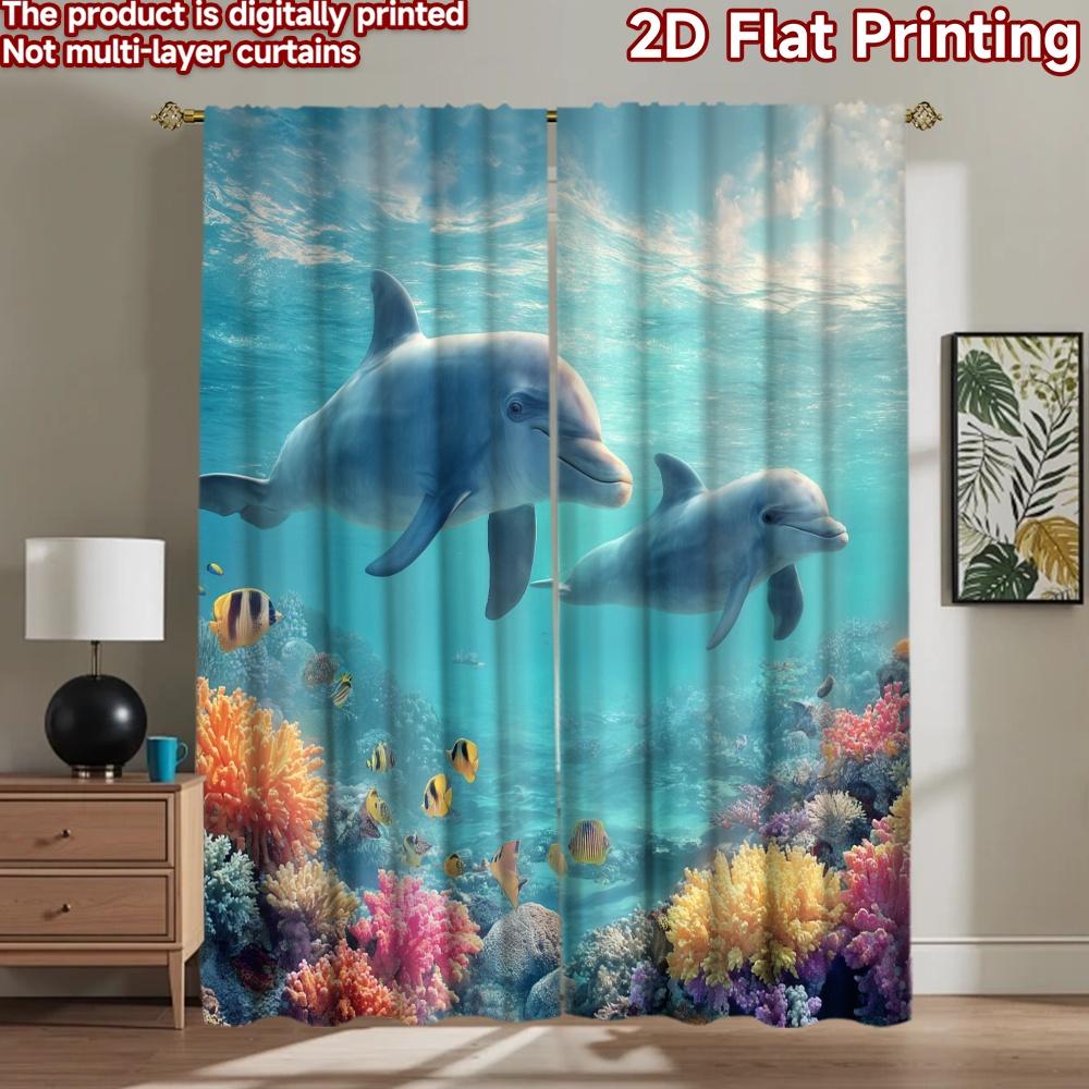2D плоская печать 2 шт. Оконные Шторы Дельфины Коралловый Риф Морская Жизнь Цифровая Печать Полиэстер Шторы Украшение для Семейной Вечеринки