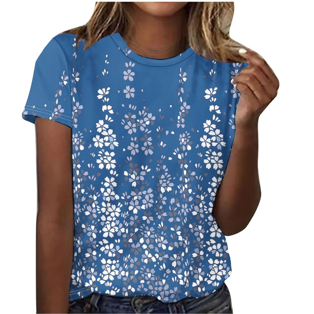 Summer Round Neck Beautiful Floral Print Top Fashionable Casual Short Sleeved Women's T-shirts