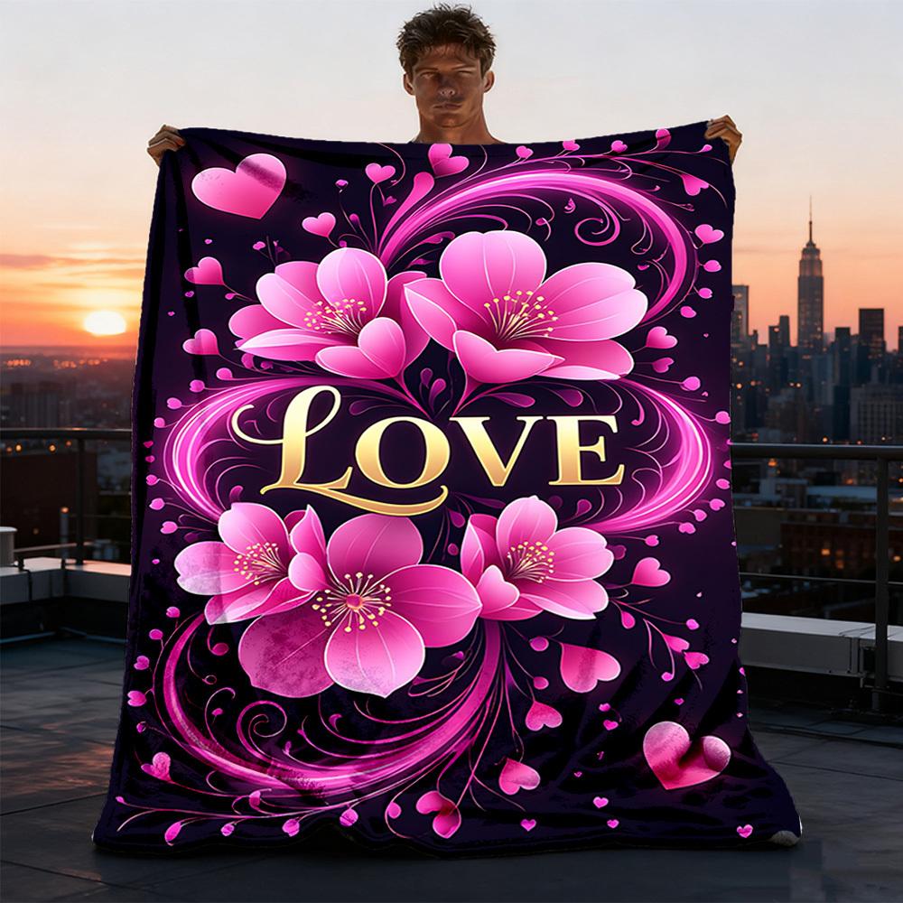 1pc Floral Love Decor Outdoor Flannel Blanket Soft All Season Polyester Throw , Perfect for Picnics & Travel , Picnic Accessory