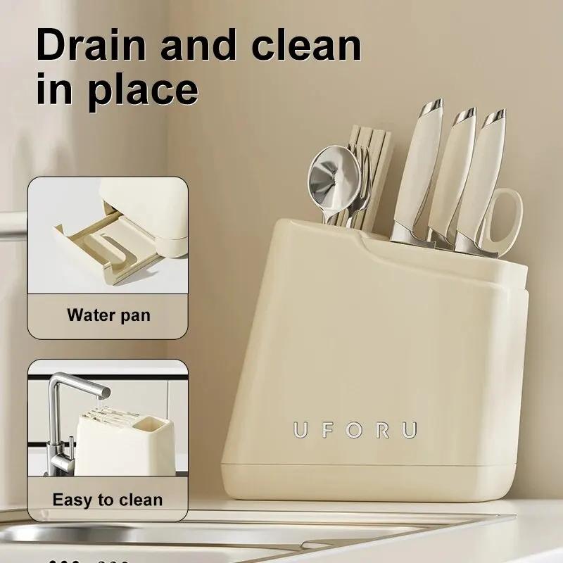 Держатель для кухонных ножей на столешницу, многофункциональный держатель для палочек для еды, ложка, встроенная подставка для сушки, пластик