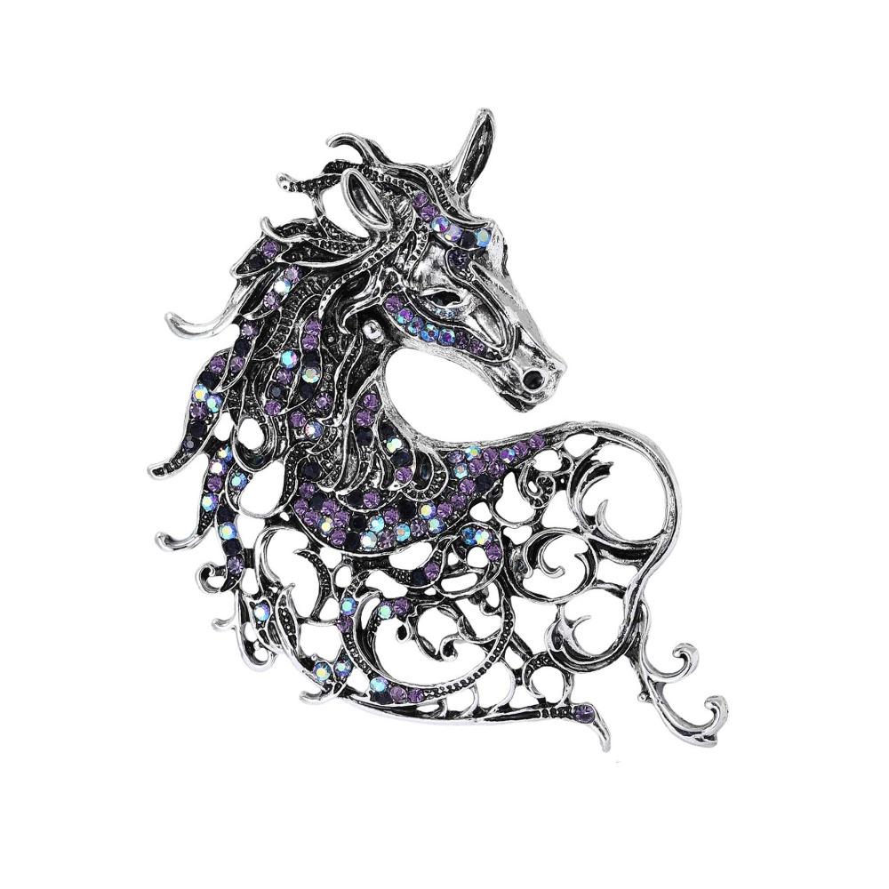 Vintage Rhinestone Horse Head Brooches Casual Metal Badge Pin Zodiac Animal Pins for Women
